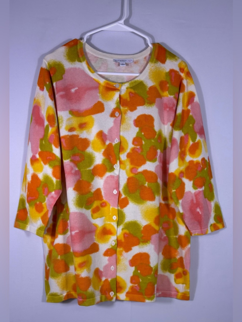 Isaac Mizrahi Live! Floral Watercolor Cardigan — Pink, Orange & Yellow Size XL